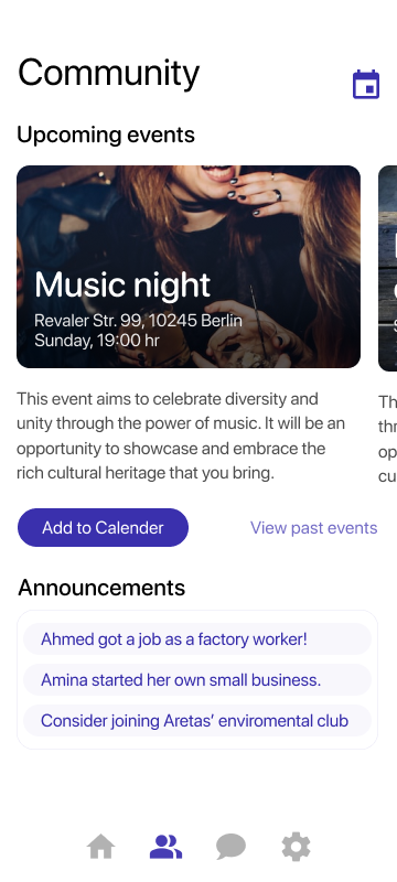 Easy Settle community events screen