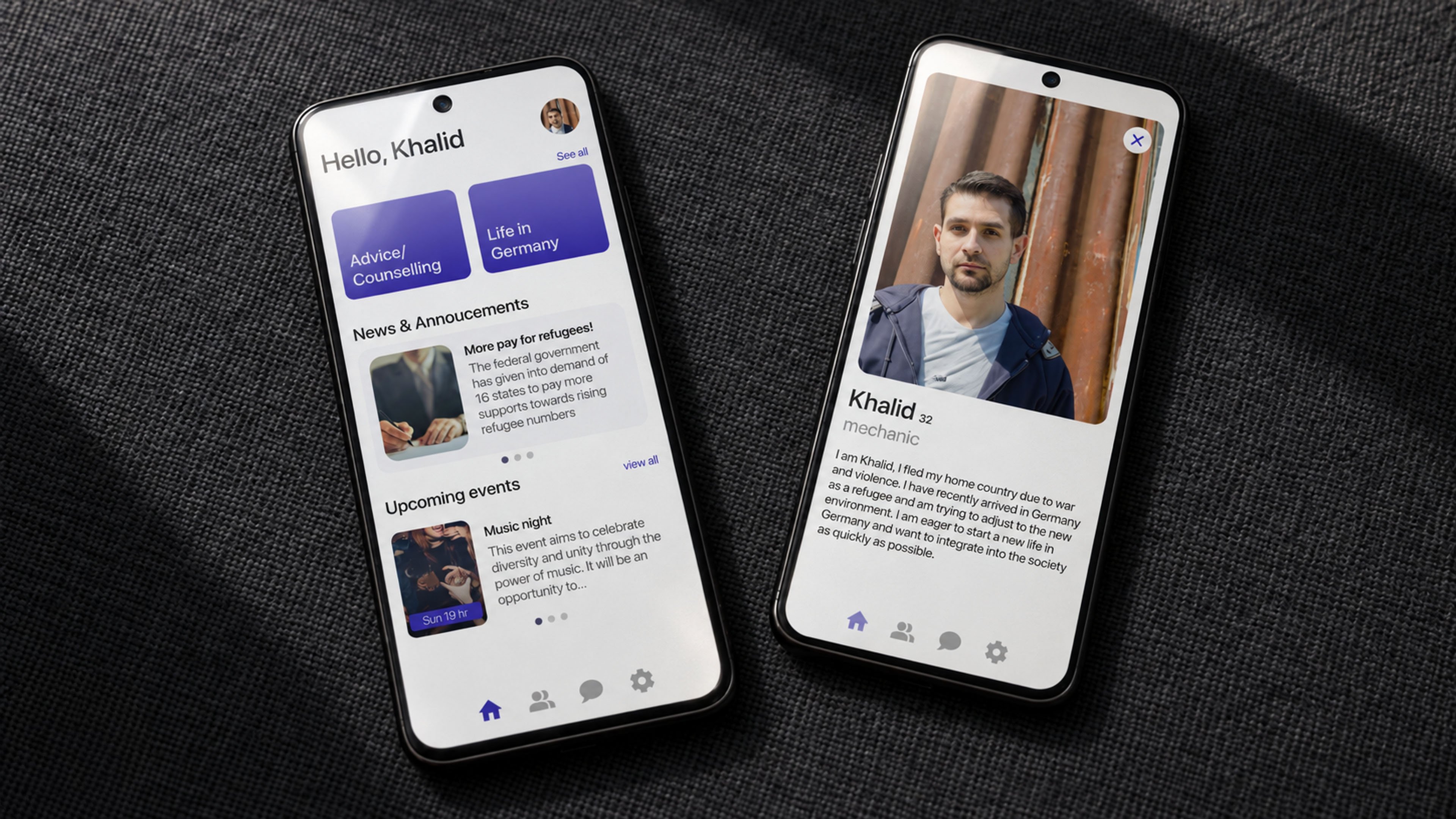 Two Android phones presenting the Easy Settle home and user profile screens