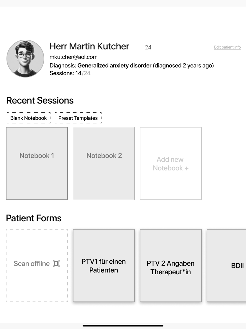 Patient profile wireframe with notebooks and PTV form entries