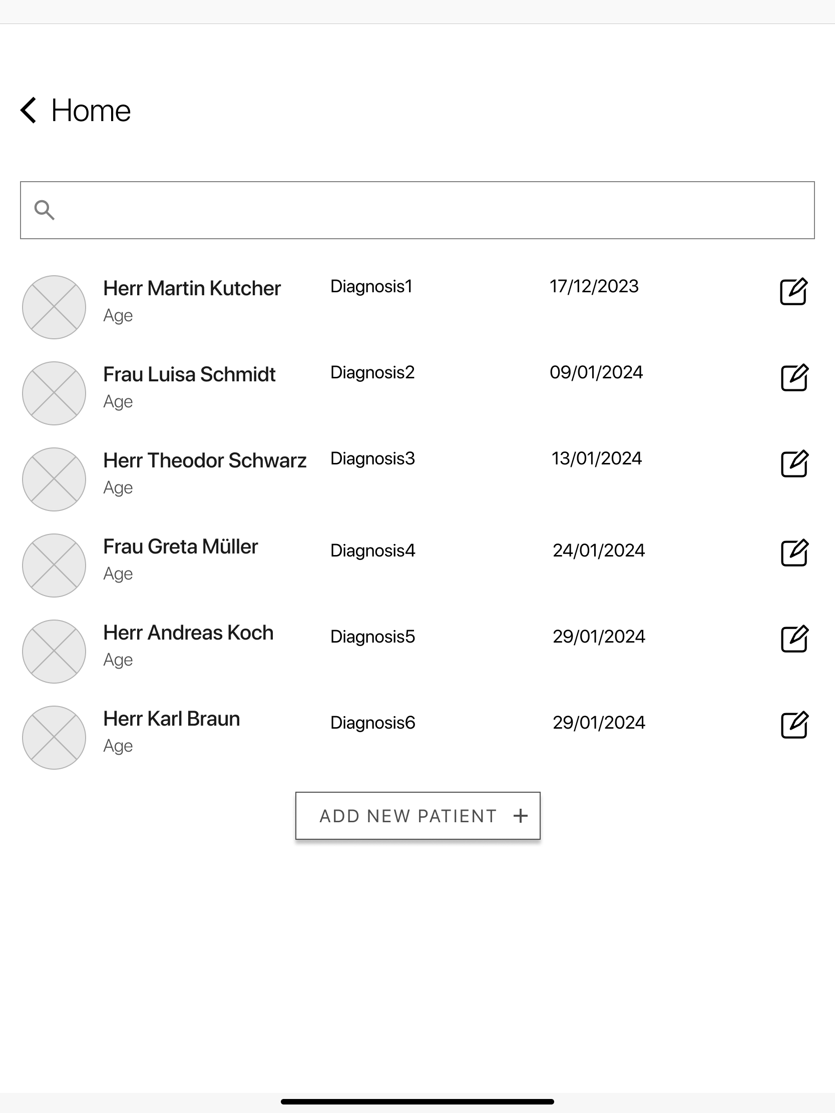 Patient search and list wireframe